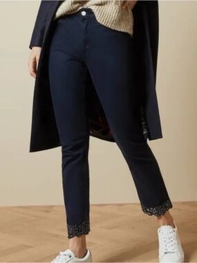 Ted Baker Alecia Lace Hem Denim Jeans In Navy Blue W/ Gold Accent Studs
